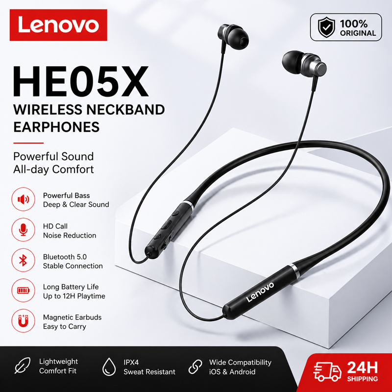 Magnetic Neckband Sports Earphones - Fones de Ouvido Bluetooth Lenovo HE05X